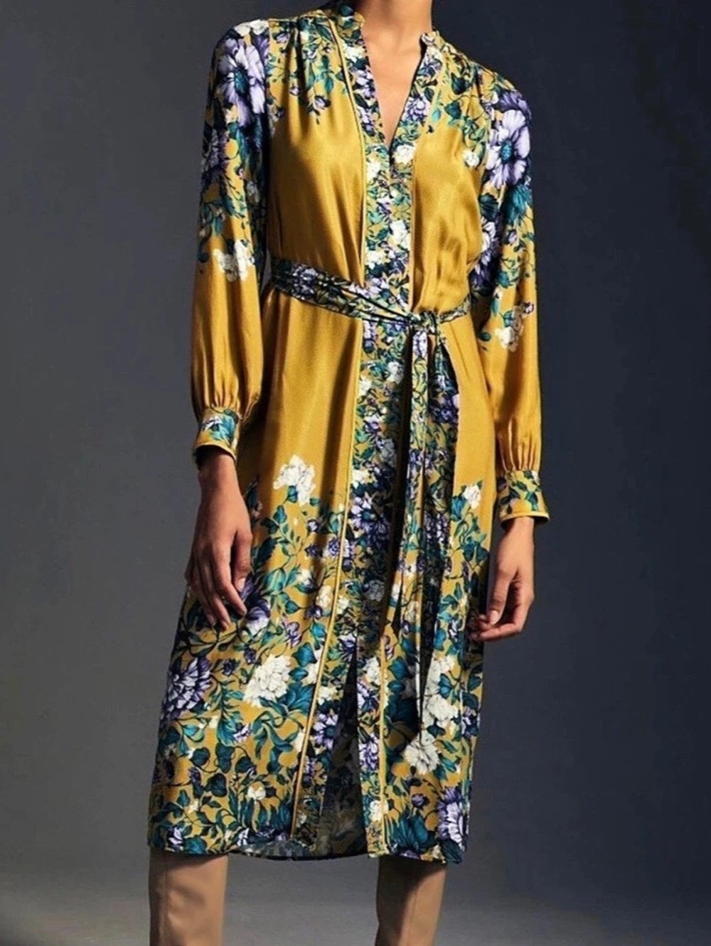 Anthropologie Floral Midi Dress Yellow/Gold Size XL NWT
